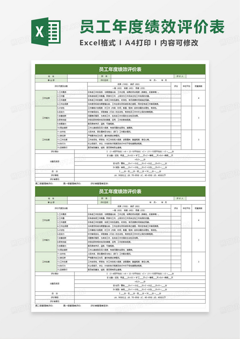 员工年度绩效评价表excel模板