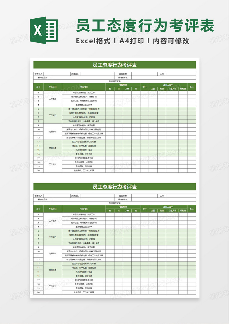 简约员工态度行为考评表excel模板