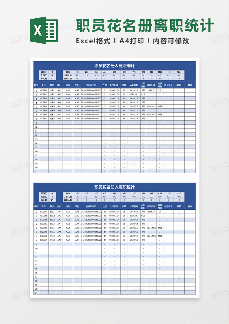 职员花名册入离职统计excel模板