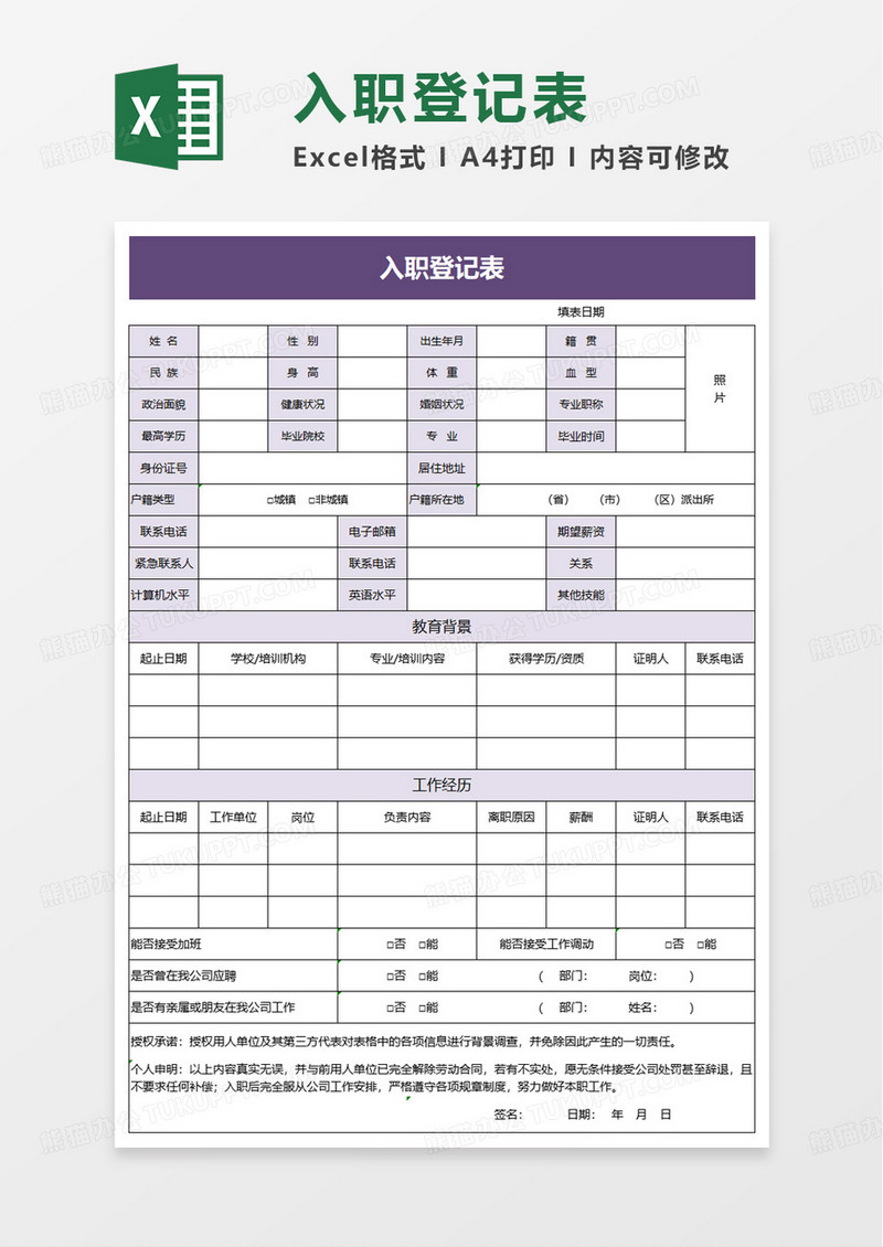 简约简单入职登记表excel模板