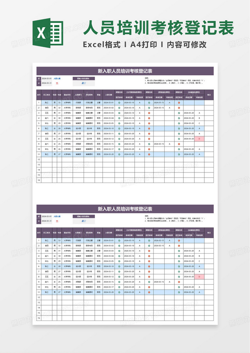 新入职人员培训考核登记表excel模板