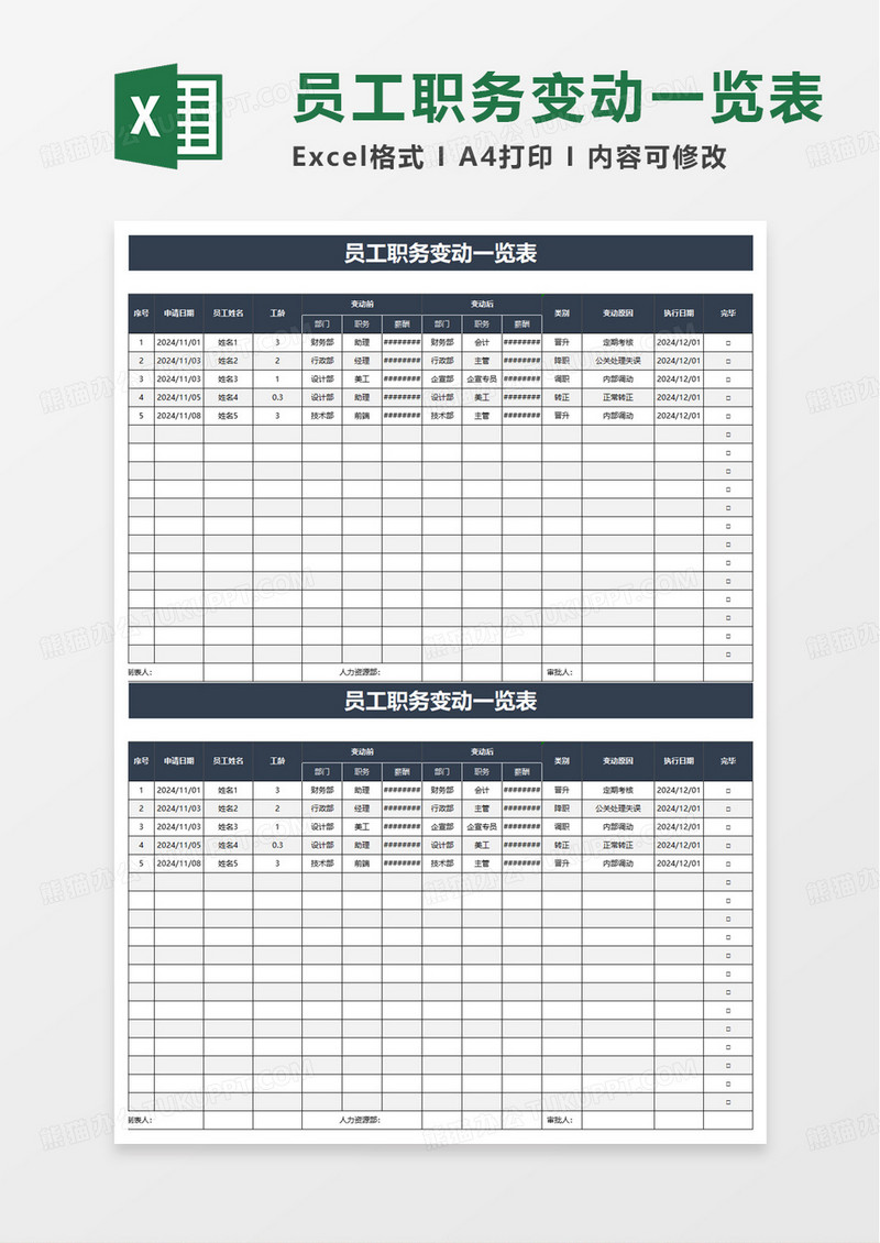 公司员工晋升降职变动一览表excel模板