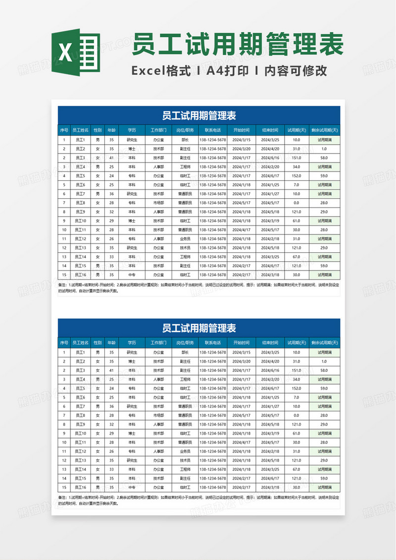 员工试用期管理表excel模板