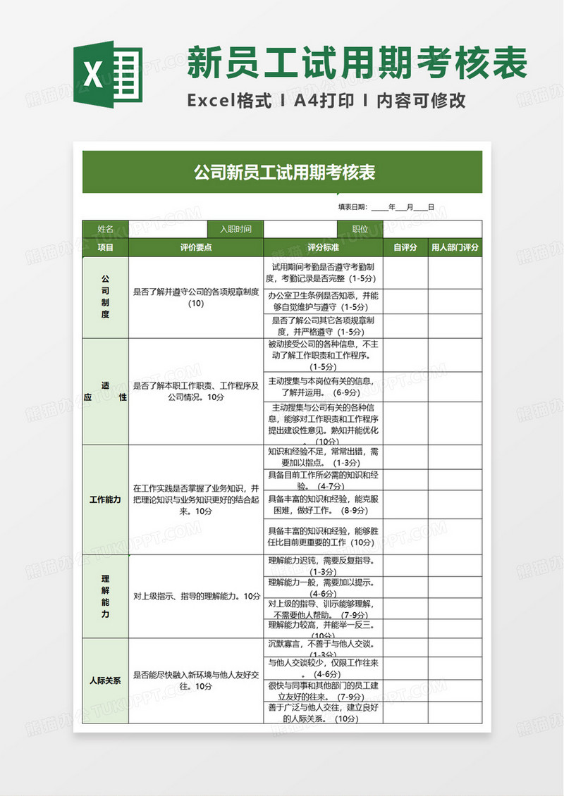 简洁公司新员工试用期考核表excel模板