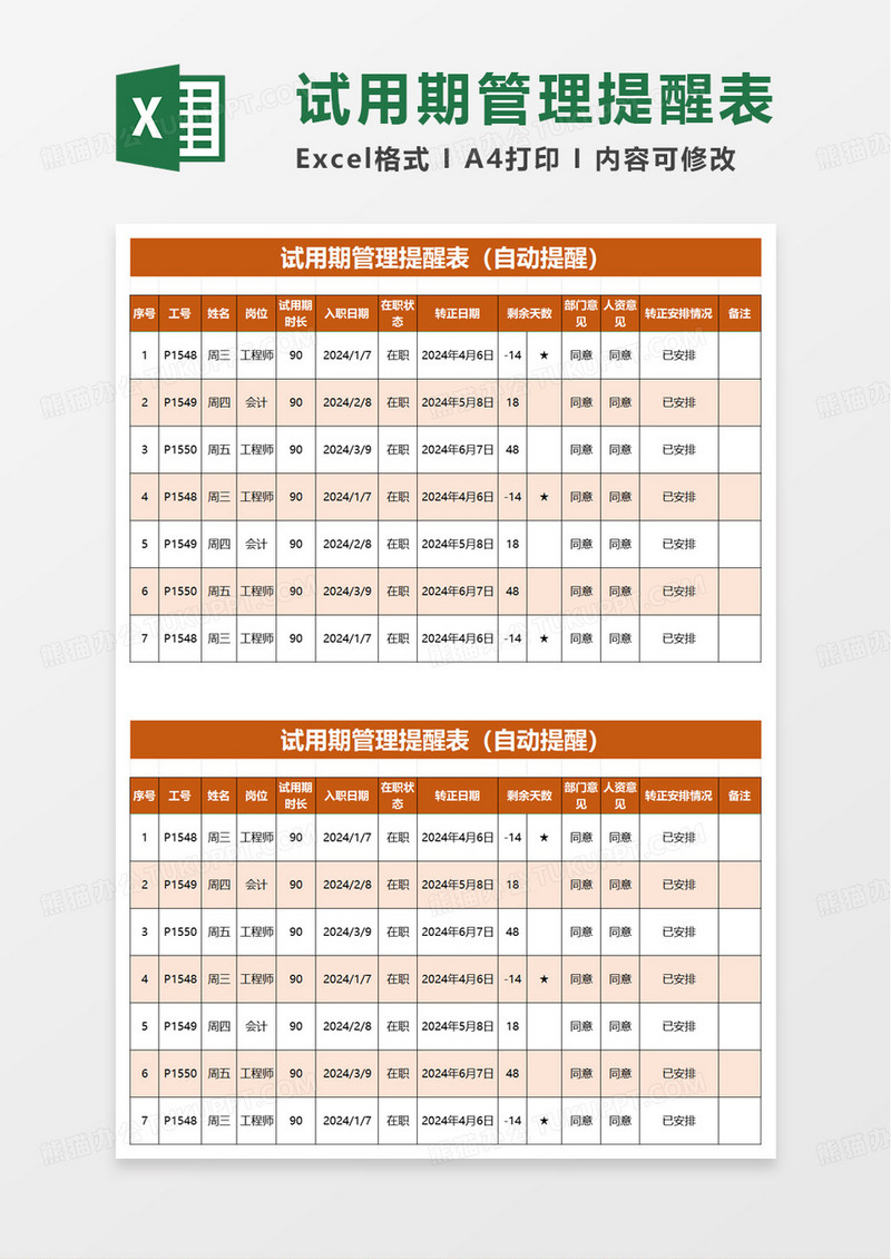 试用期管理提醒表excel模板