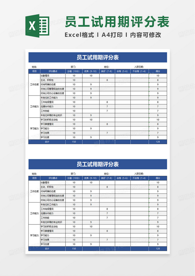 员工试用期评分表excel模板