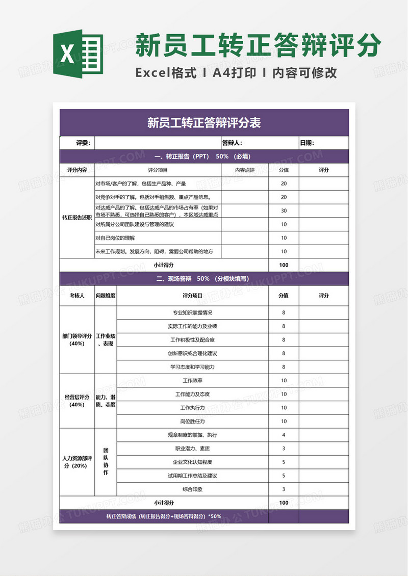 简洁新员工转正答辩评分表excel模板