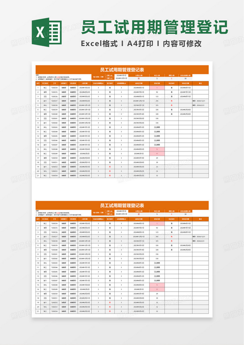 橙色简洁员工试用期管理登记表excel模板