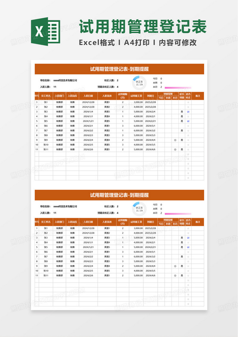 简单简约试用期管理登记表excel模板