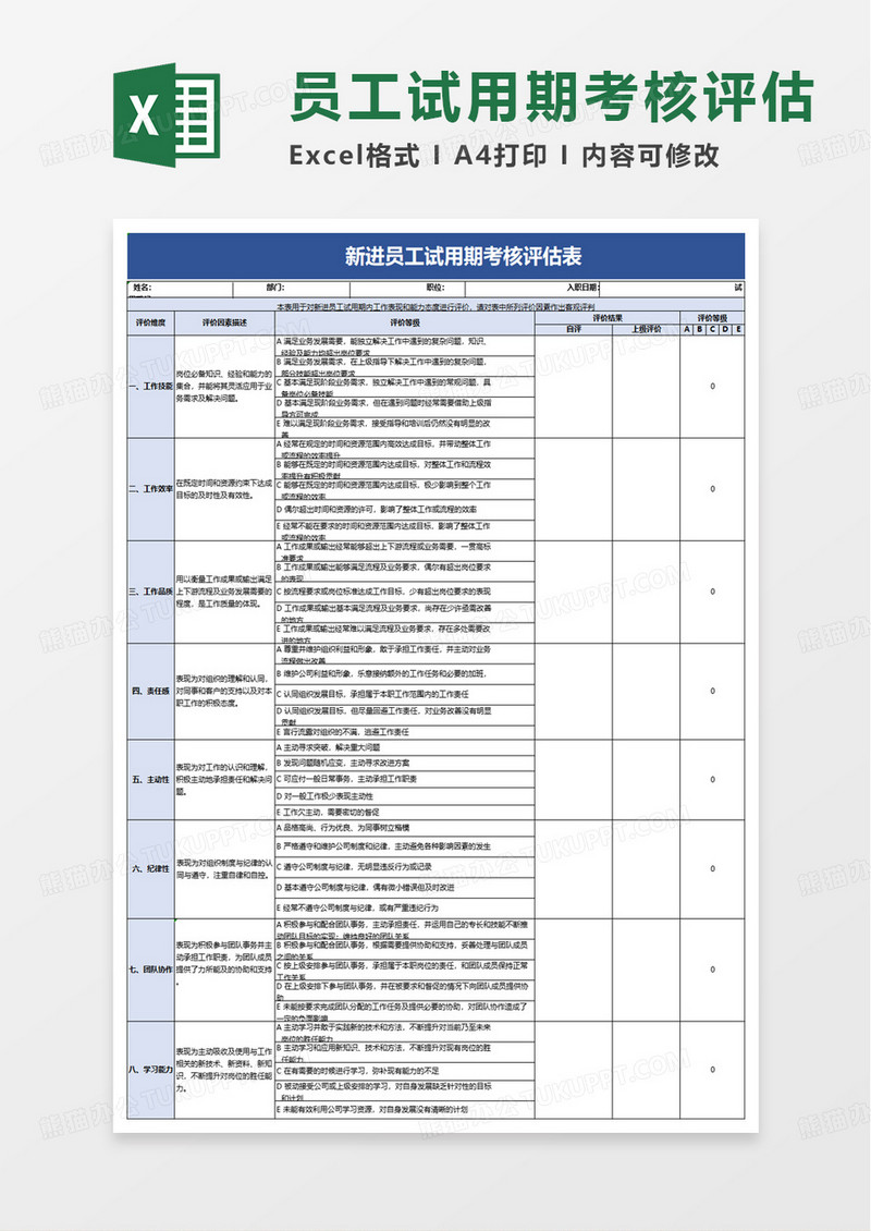 新员工入职考核评估表excel模板