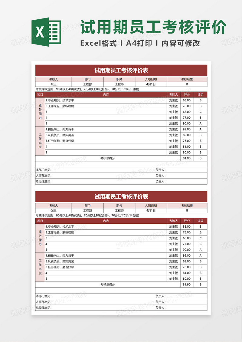 试用期员工考核评价表excel模板