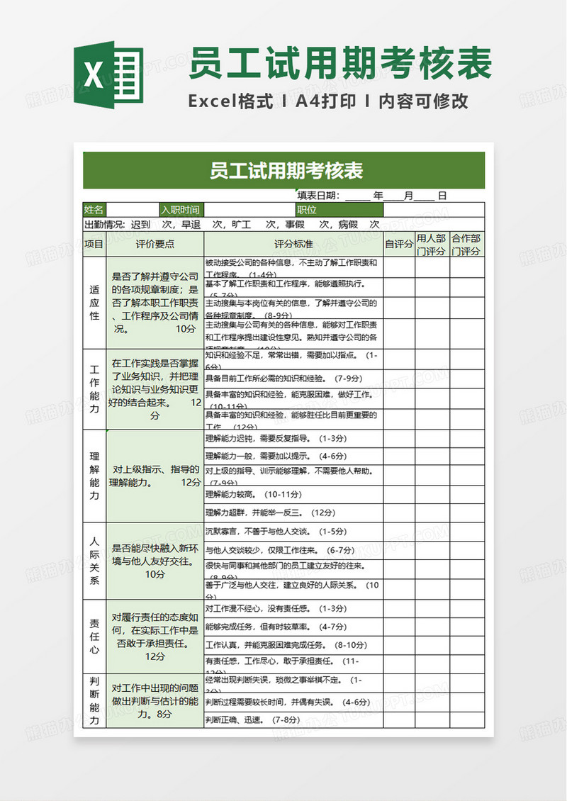 简洁员工试用期考核表excel模板