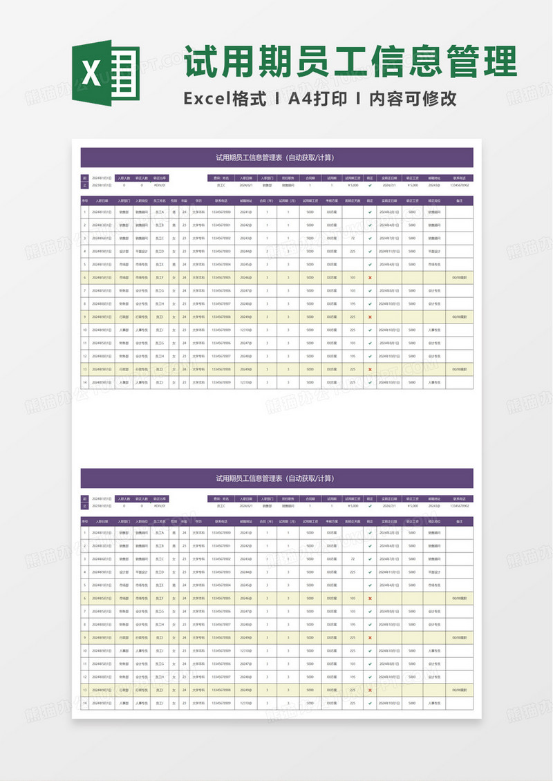 简洁试用期员工信息管理表excel模板