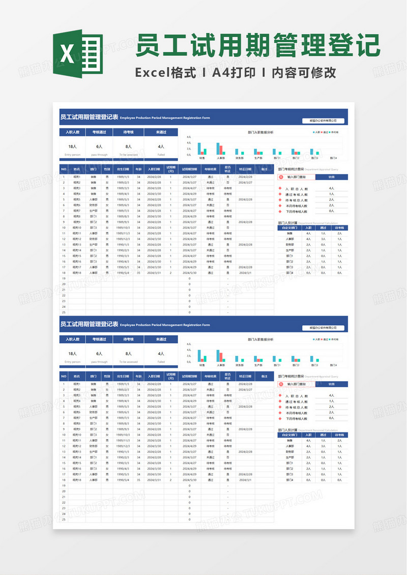 简单简洁员工试用期管理登记表excel模板