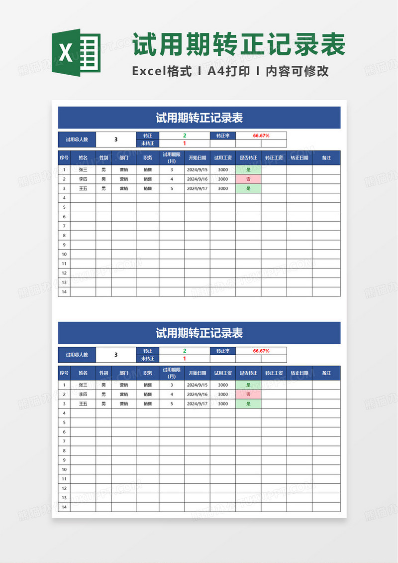 通用员工试用期转正记录表excel模板