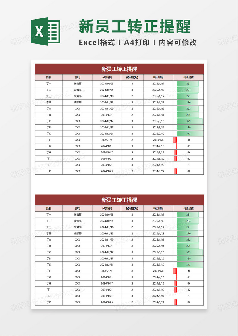 新员工转正提醒excel模板