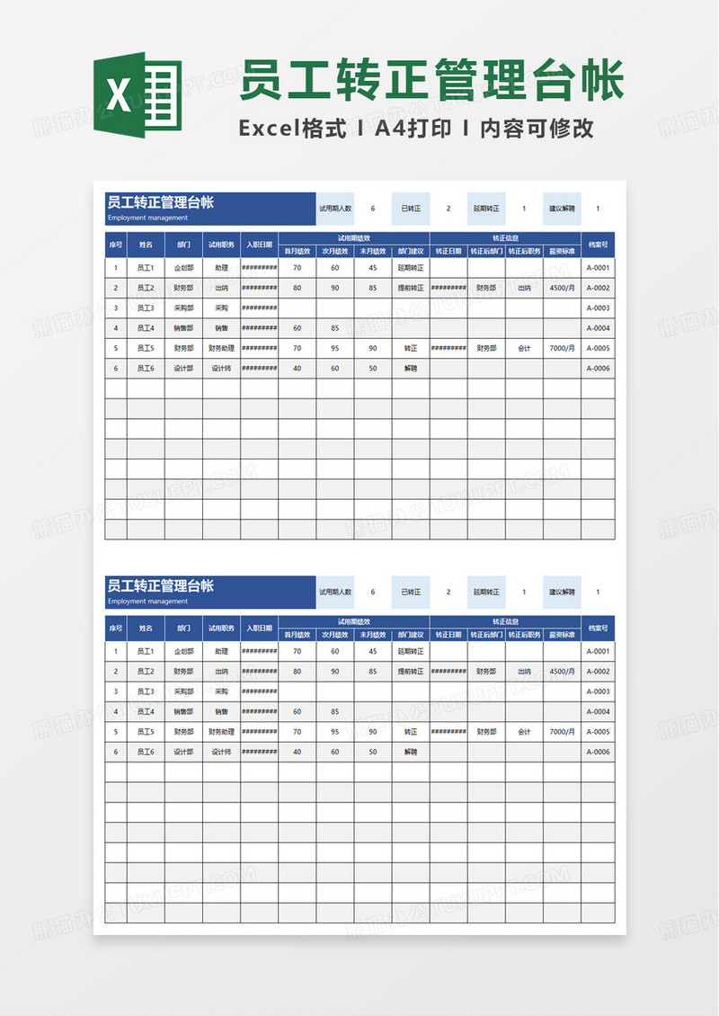 员工转正管理台帐excle模板