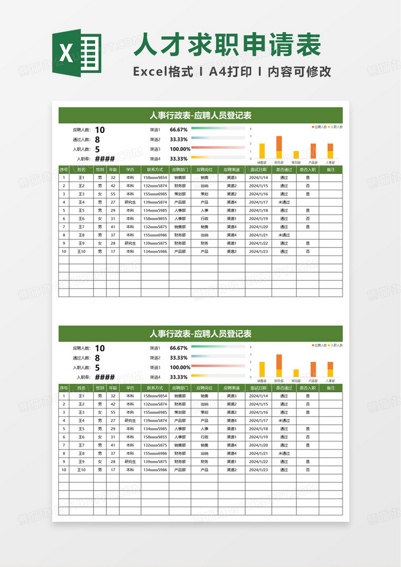 绿色简洁通用应聘人员登记表excel模板