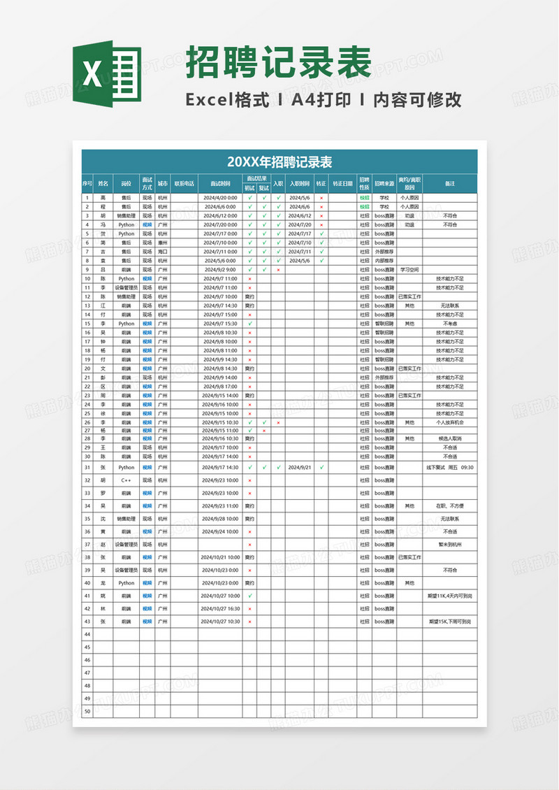 通用简洁实用招聘面试登记表excel模板