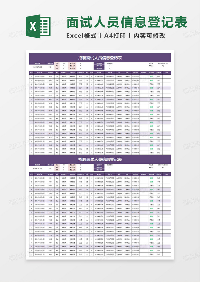 招聘面试人员信息登记表excel模板