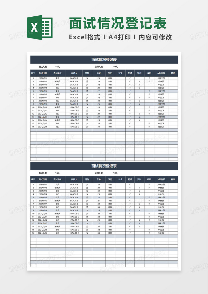 面试情况登记表excel模板