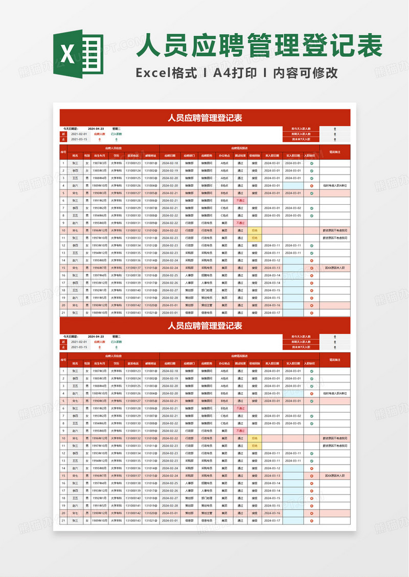 人员应聘管理登记表excel模板