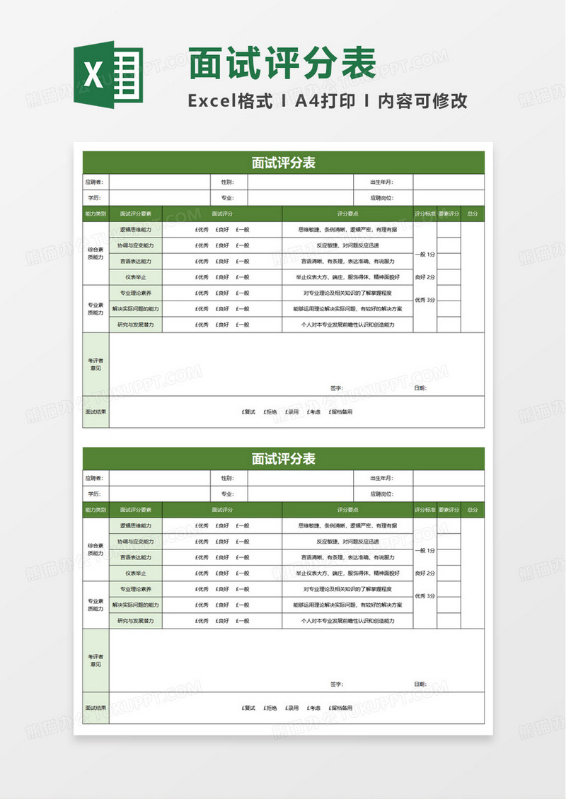 面试评分表excel模板
