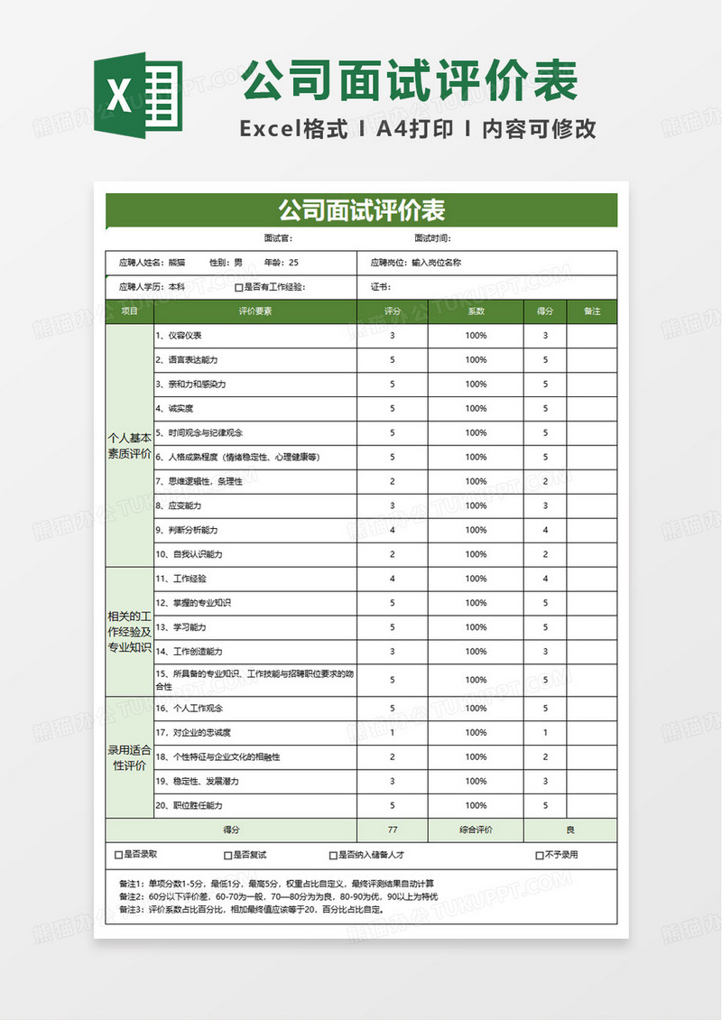 公司面试评估评价表excel模板