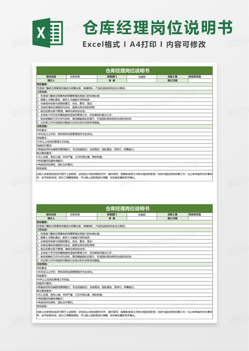 仓库经理岗位说明书excel模板