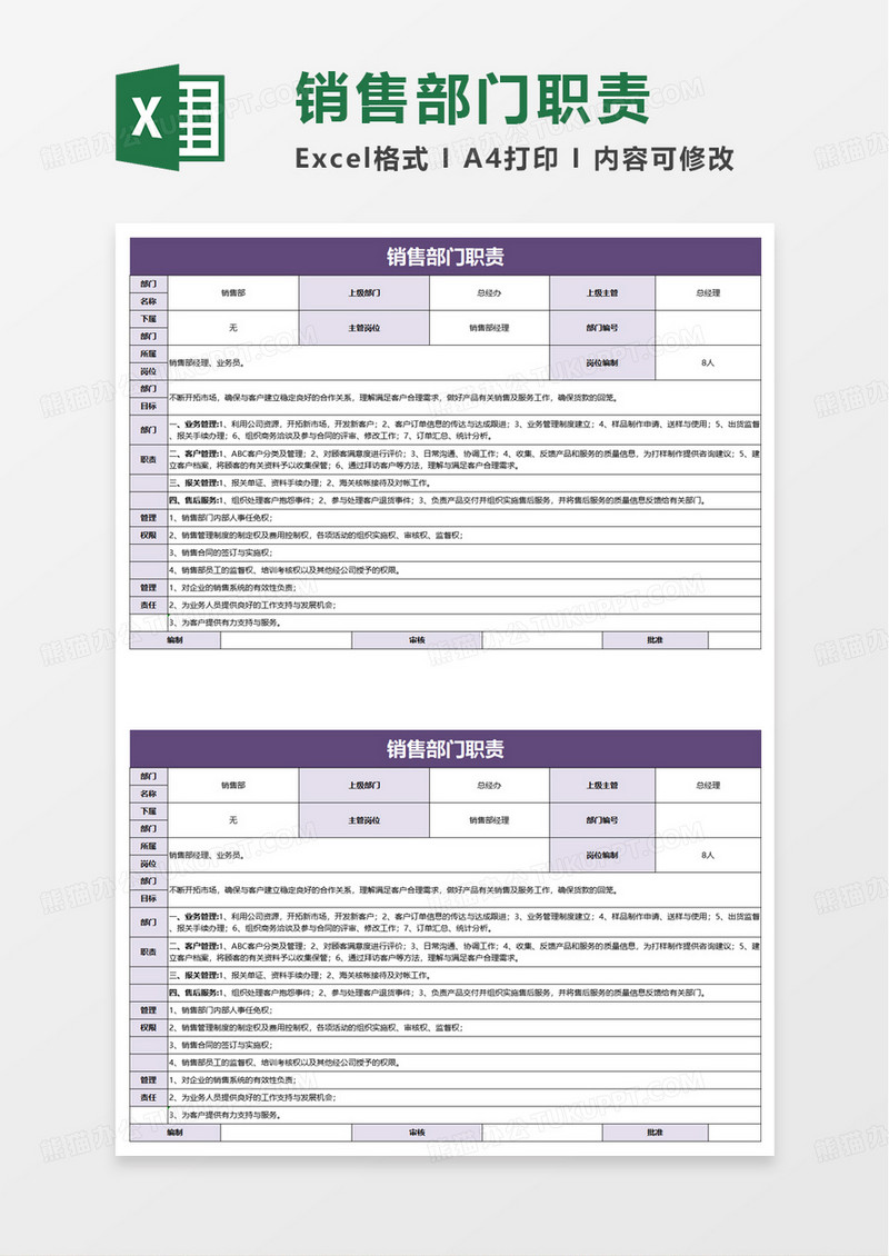 销售部门职责excel模板