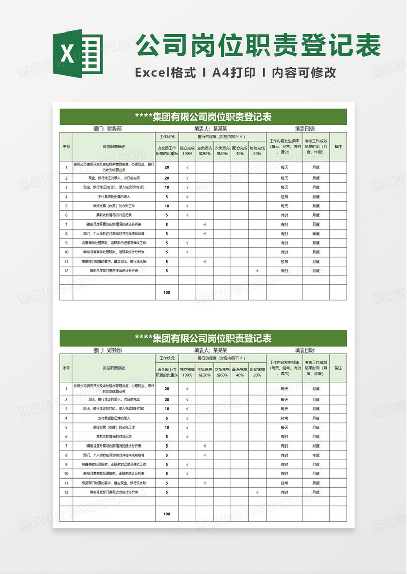 绿色岗位职责登记表excel模板