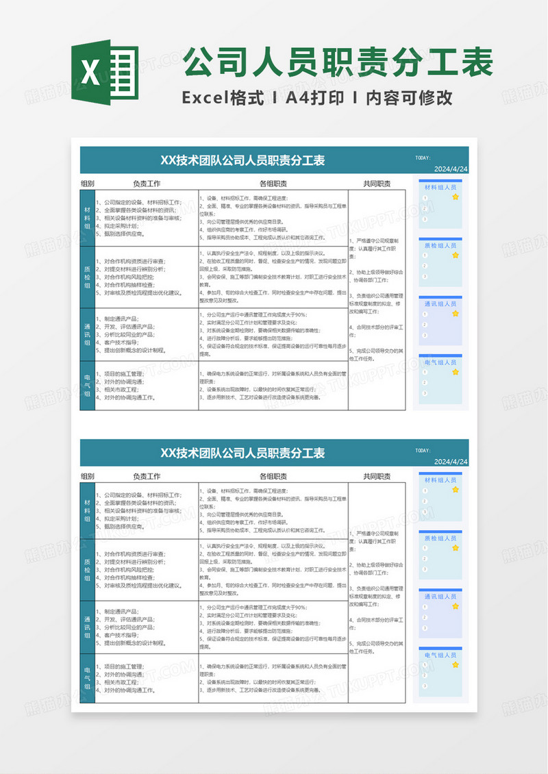 蓝色系技术团队分工协作表excel模板