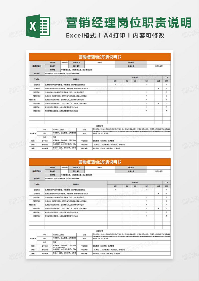 营销经理岗位职责说明书excel模板