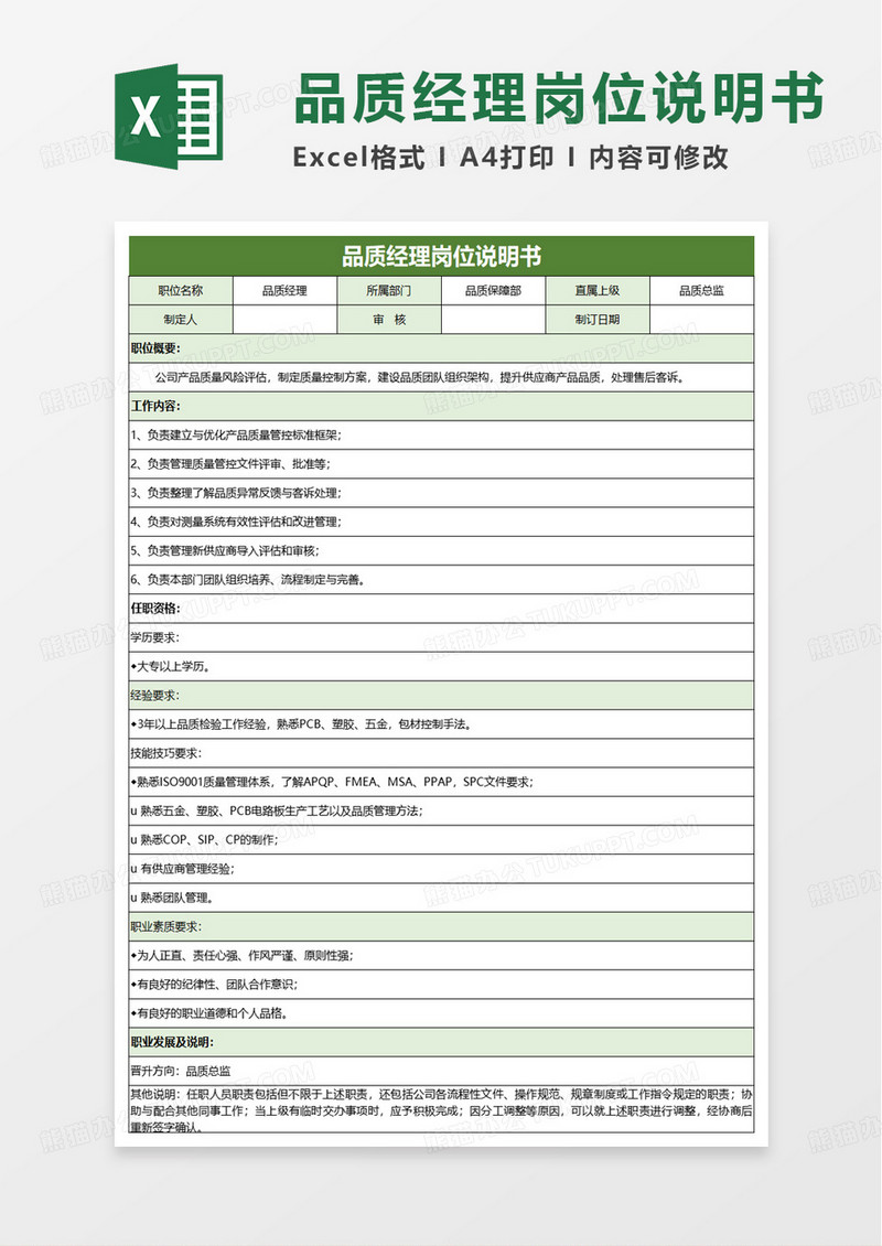 品质经理岗位说明书excel模板