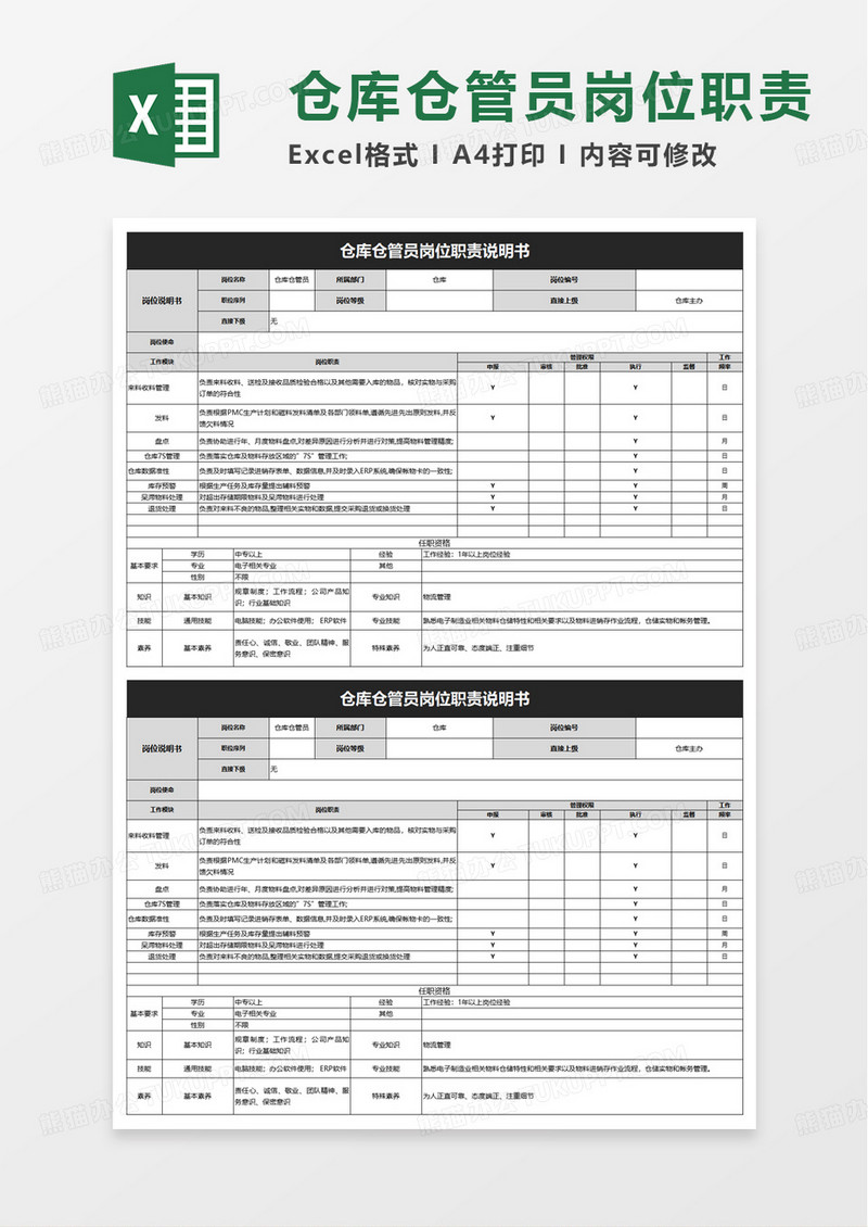 仓管员岗位职责说明书excel模板