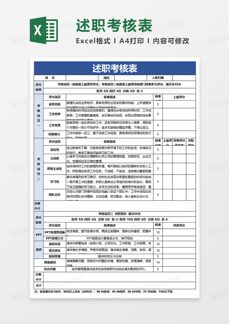 述职考核表excel模板