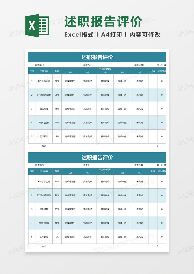 简洁简约述职报告评价excel模板