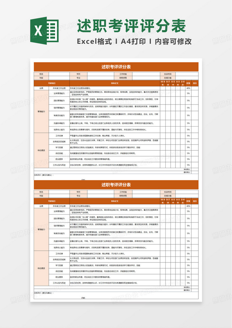 简洁述职考评评分表excel模板