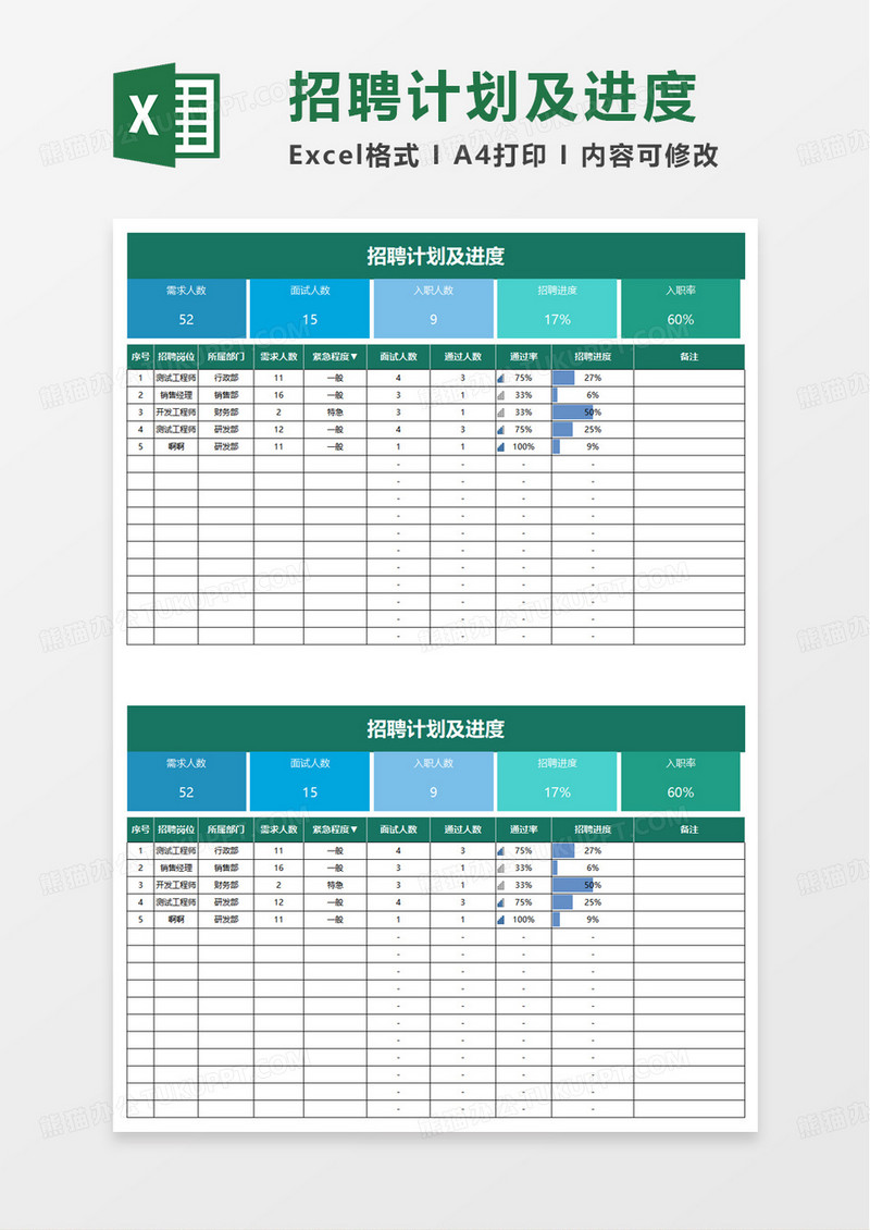 招聘计划及面试明细表excel模板