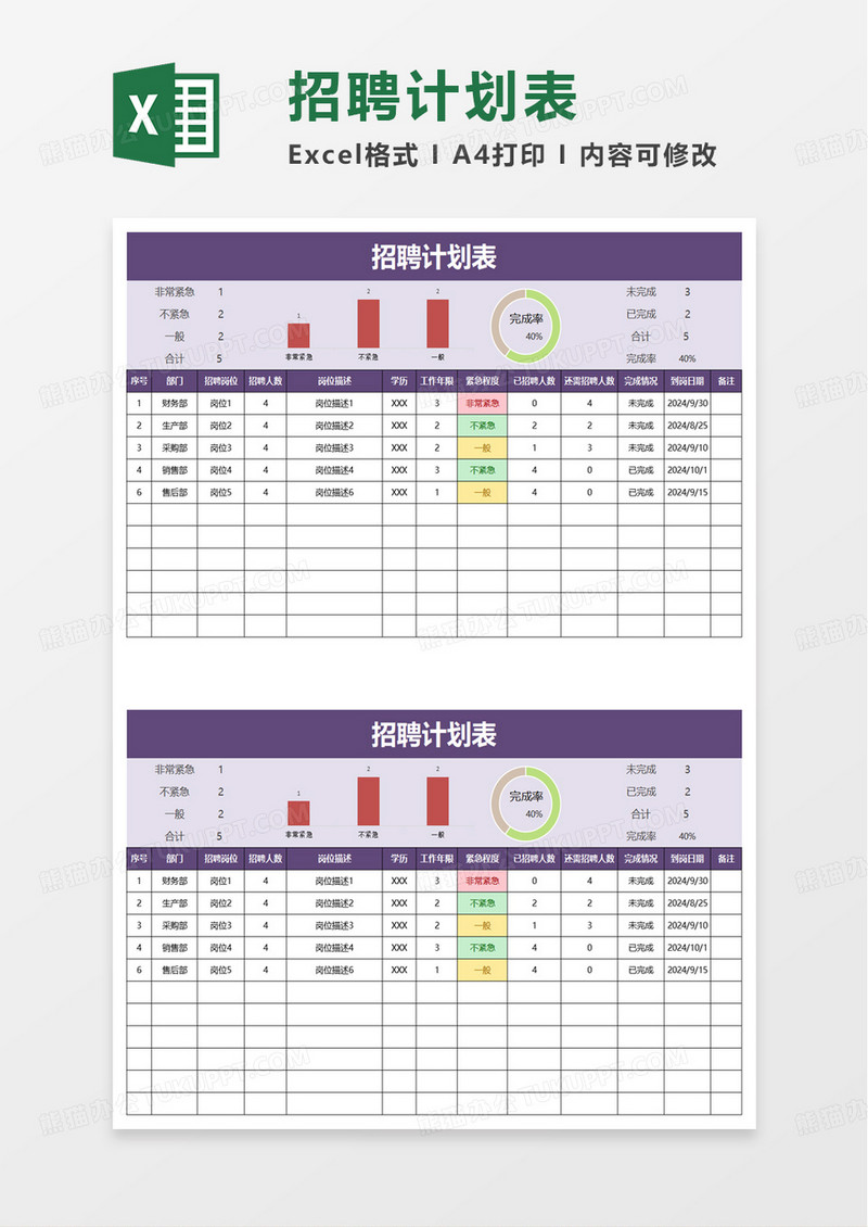 简洁实用人员招聘计划统计表excel模板