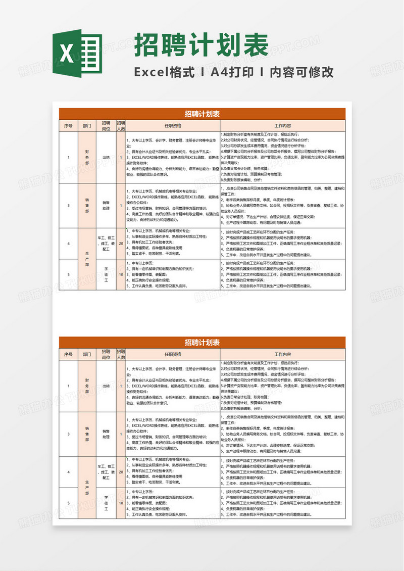 简约橙色实用招聘计划表excel模板