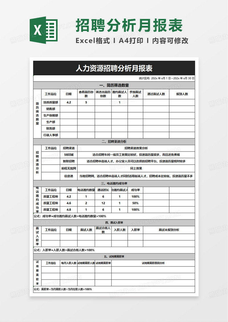 人事招聘分析月报表excel模板