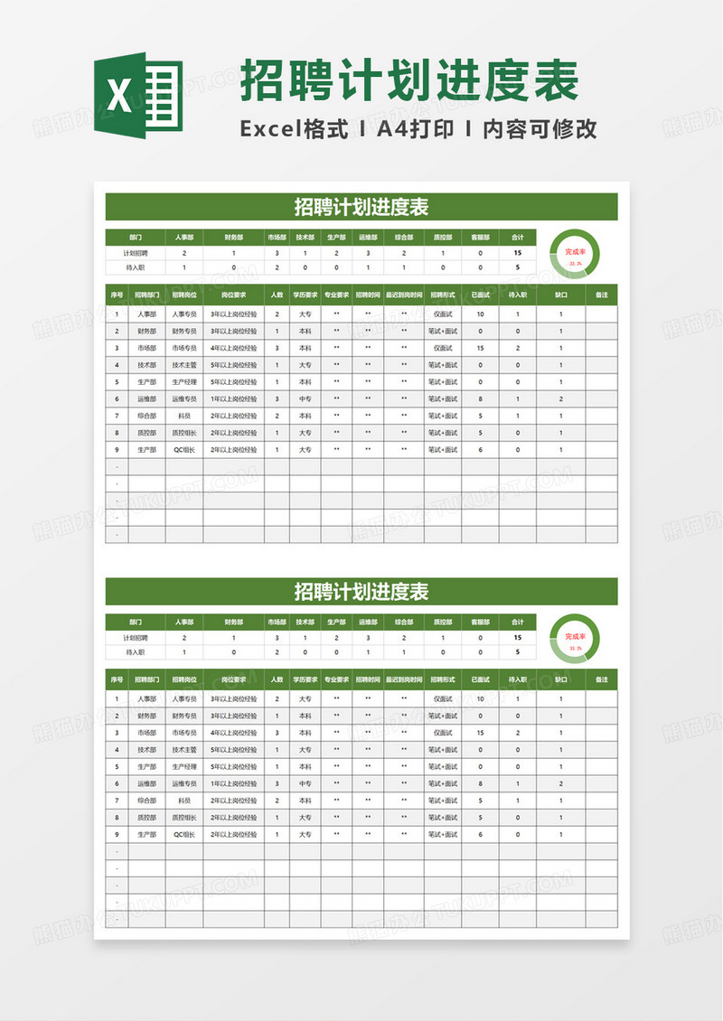 通用简洁绿色招聘计划进度表excel模板