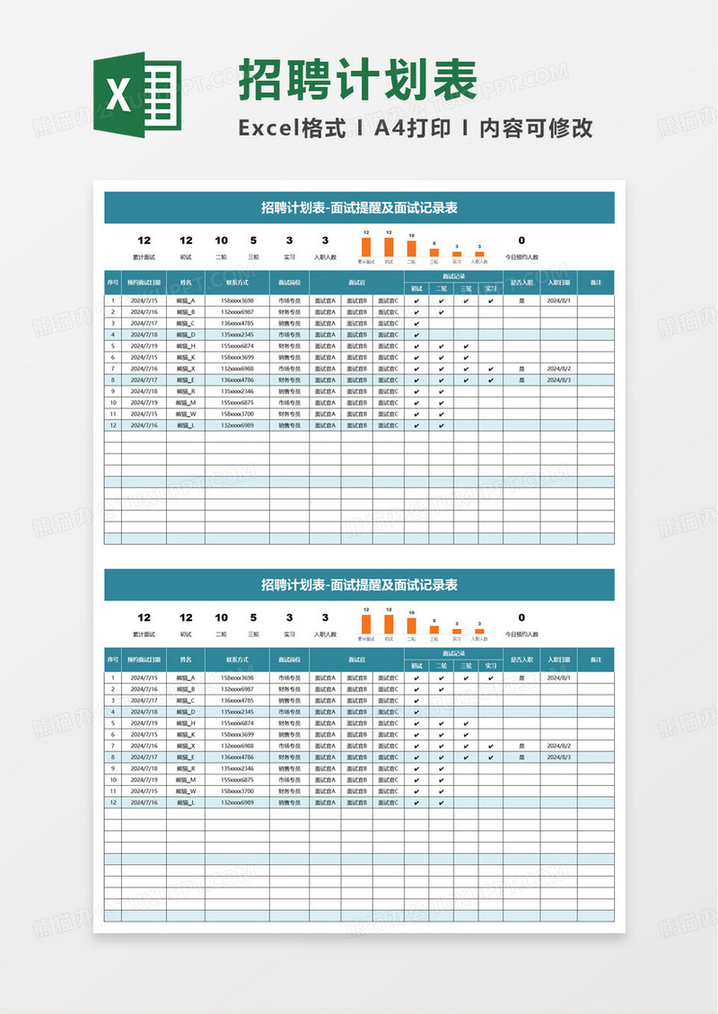 面试提醒及面试记录表excel模板