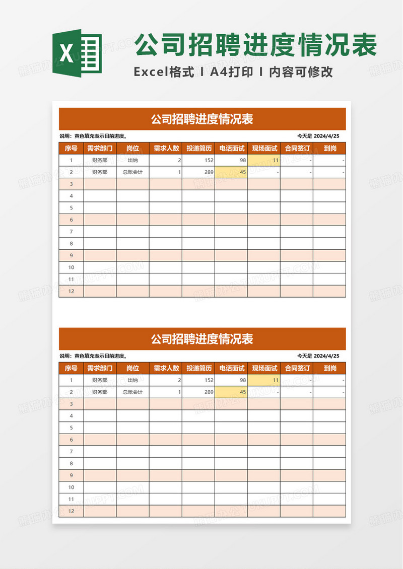 人事招聘进度情况表excel模板