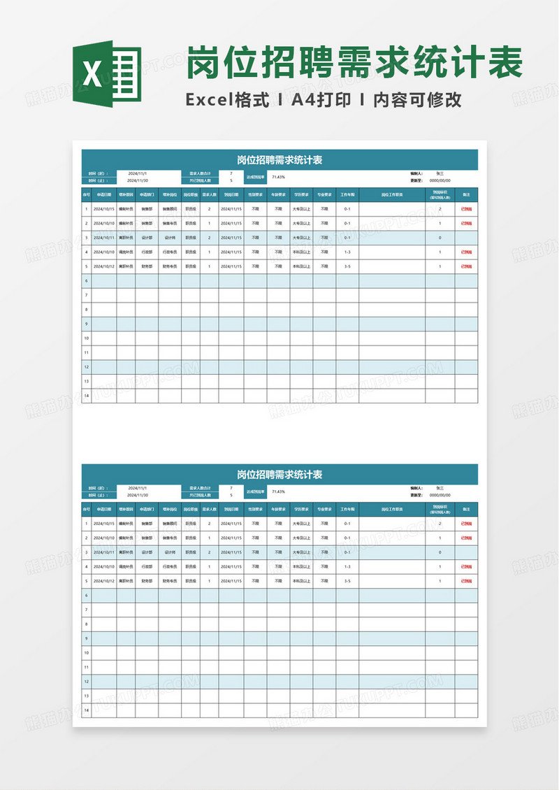 蓝色通用岗位招聘需求统计表excel模板