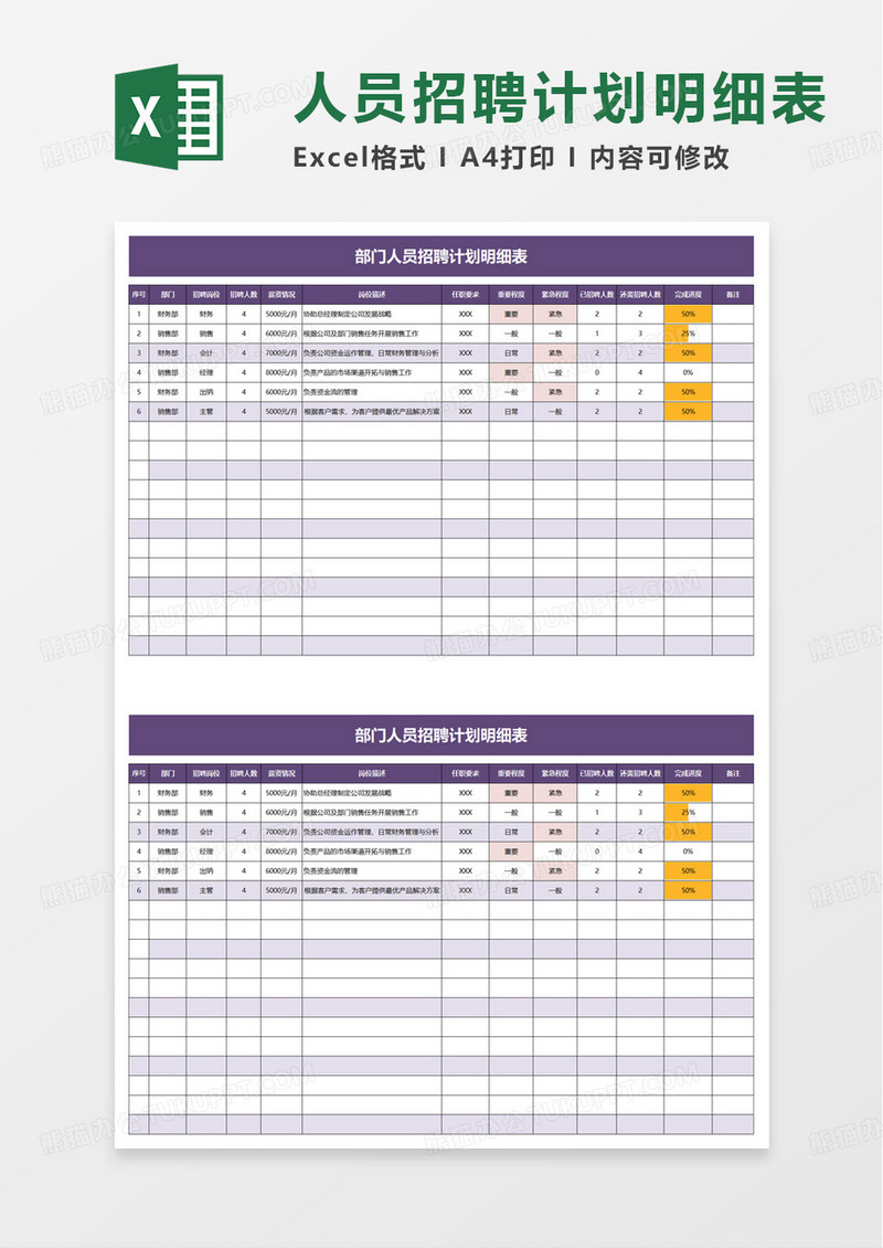 部门人员招聘计划明细表excel模板