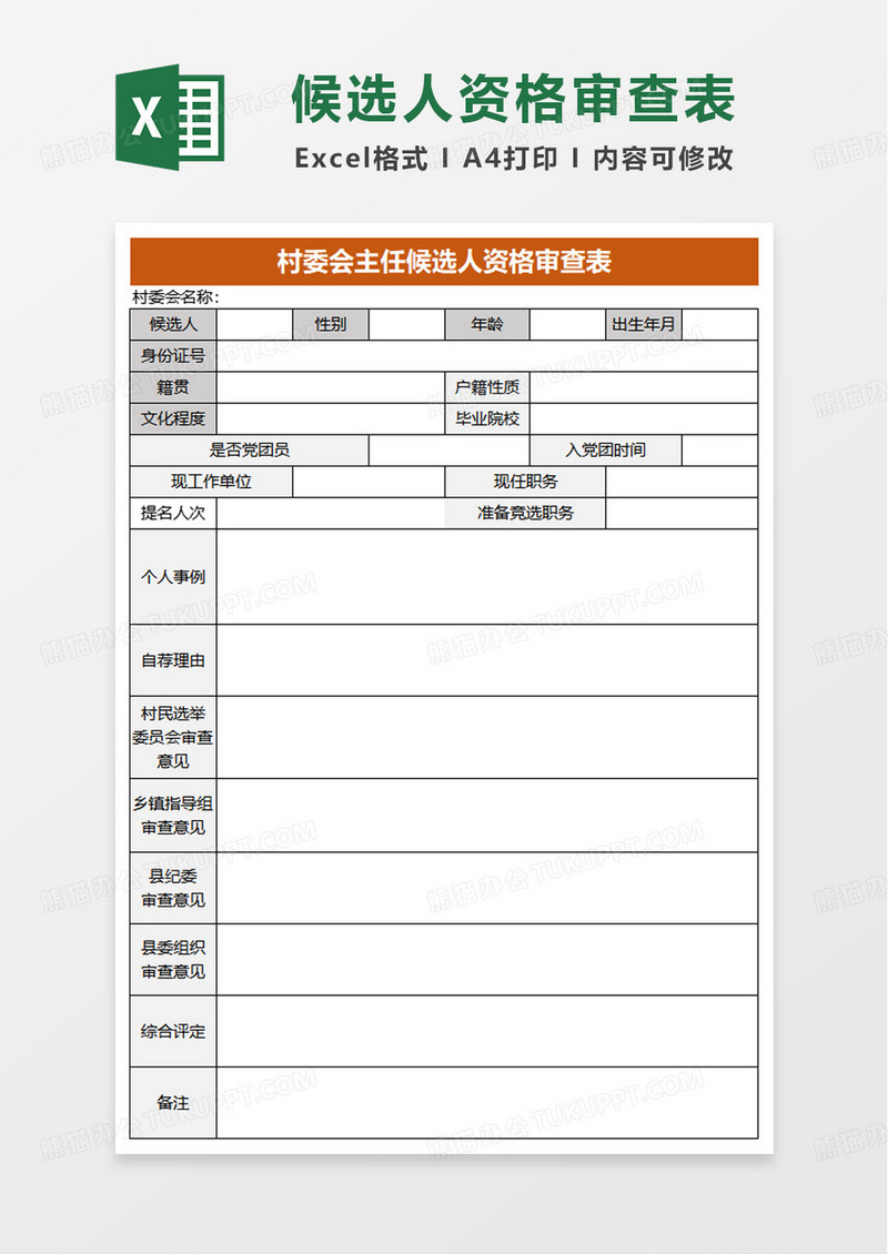 村委会主任候选人资格审查表excel模版