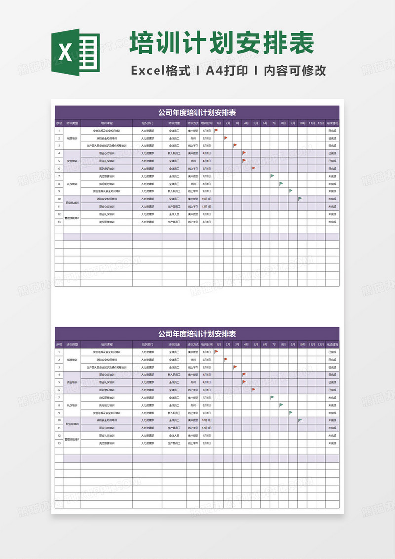 公司年度培训计划安排表excel模版