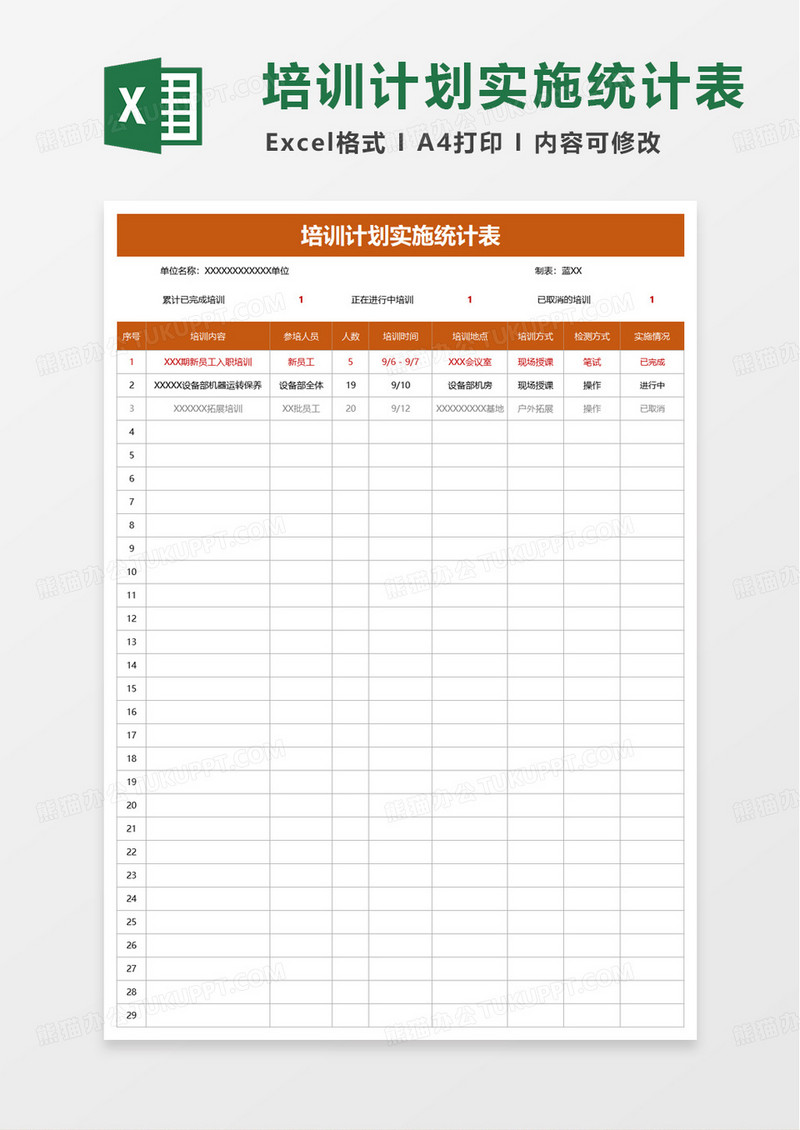 培训计划实施统计表excel模版